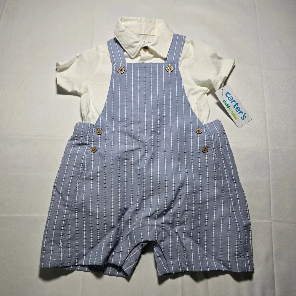 Carters Baby Boys 12m Blue Striped Overalls and White Shirt Outfit NWT